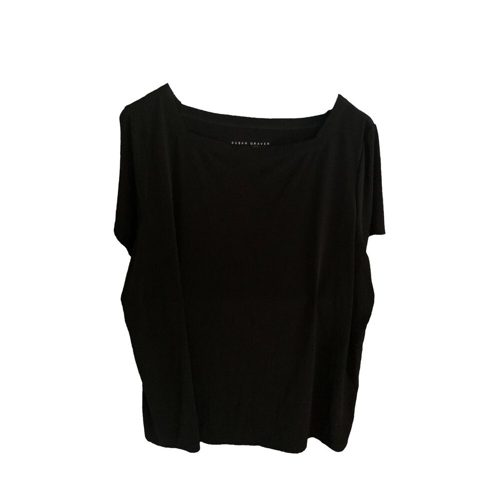 Susan Graver Liquid Knit Black Short Sleeve Square Neck Top Loose Fit XL - Picture 2 of 3